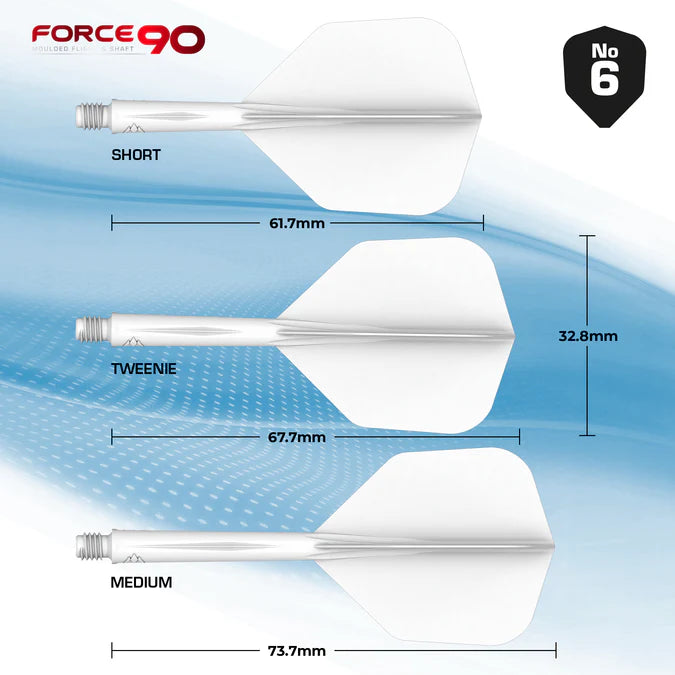 Mission Darts Force 90 | Ailettes et tiges de fléchettes moulées avec précision intégrées, lot de 3 ailettes et tiges combinées professionnelles durables | Standard n°6 (dégradé noir, court