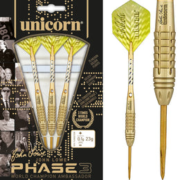Unicorn John Lowe Phase 3 World Champion Steel Tip Darts – 90% Tungsten